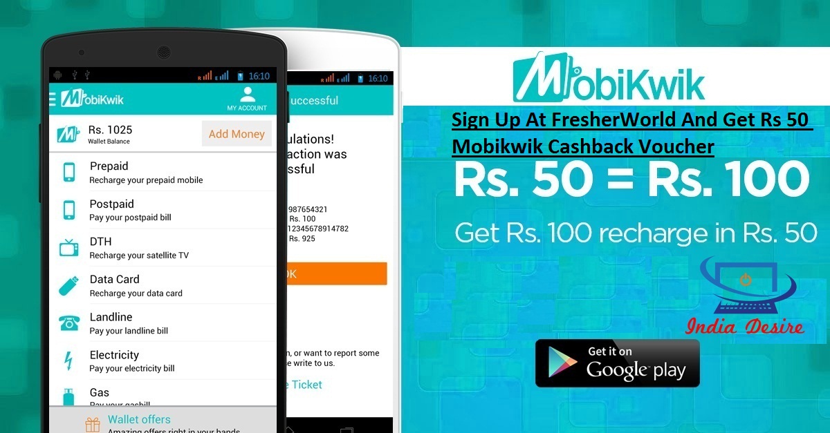India Desire : Recharge Offer: Get Rs 50 CashBack Coupon Code Just For Signing Up At Fresherworld